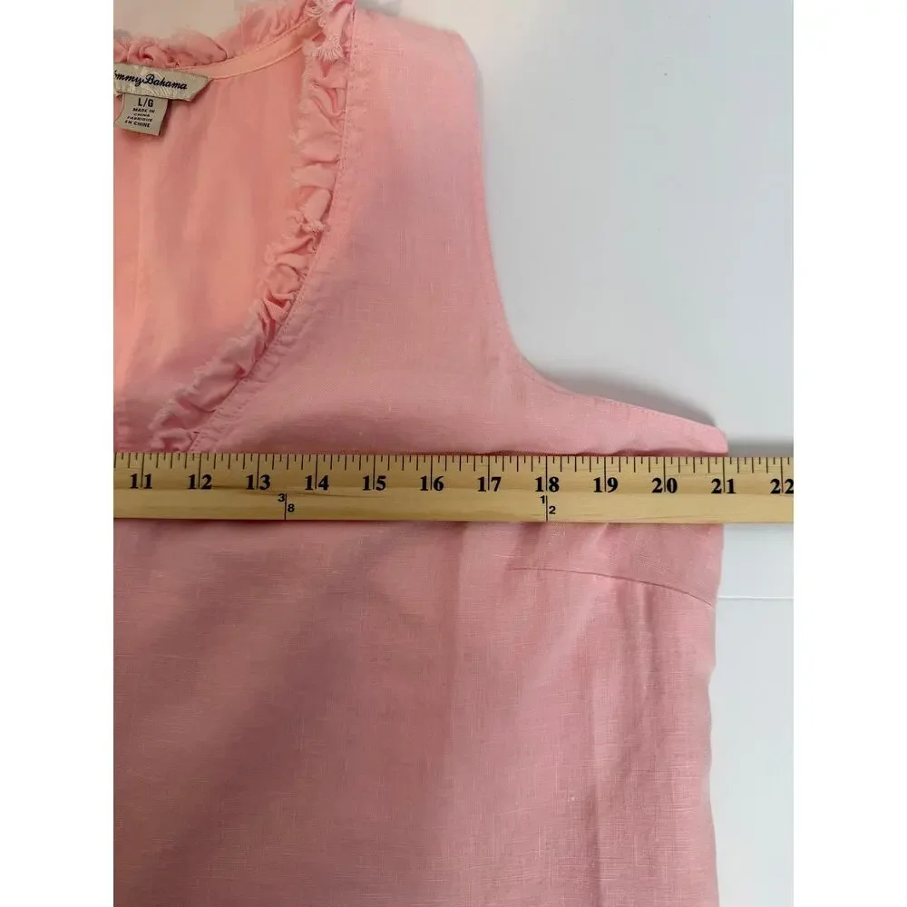 Tommy Bahama Pink 100% Linen Shift Dress Ruffle Neck Size L - Picture 5 of 7